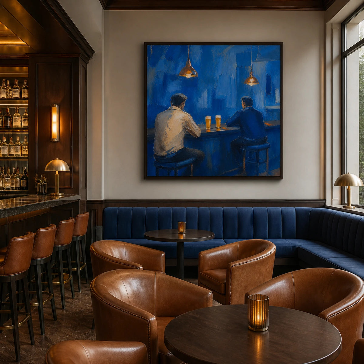 two pints at blue hour displayed in a members club lounge