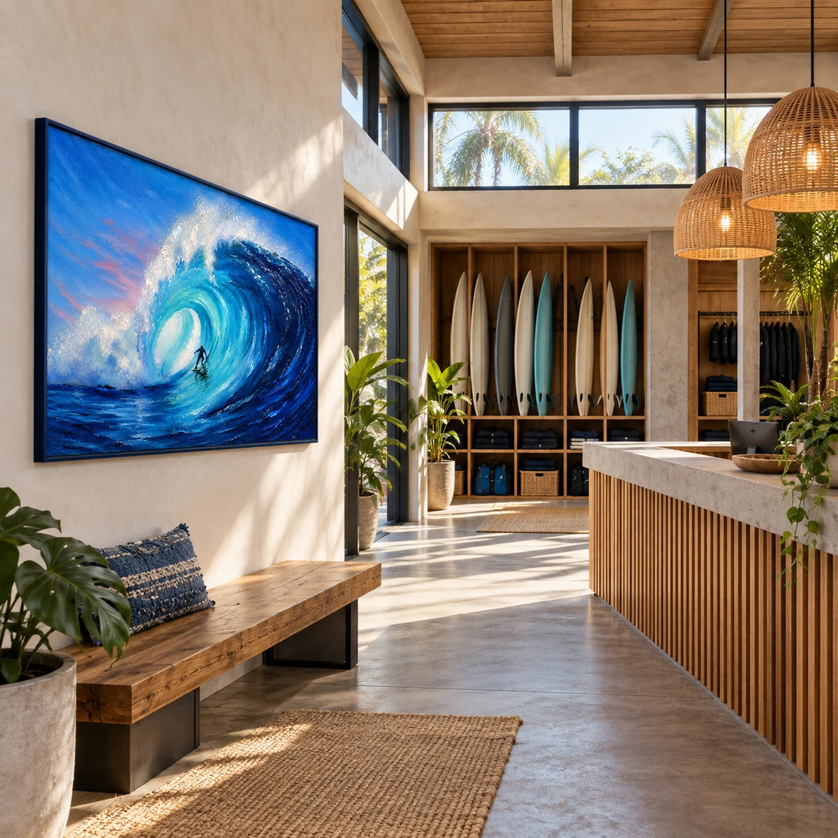 wave rider displayed in a surf club reception