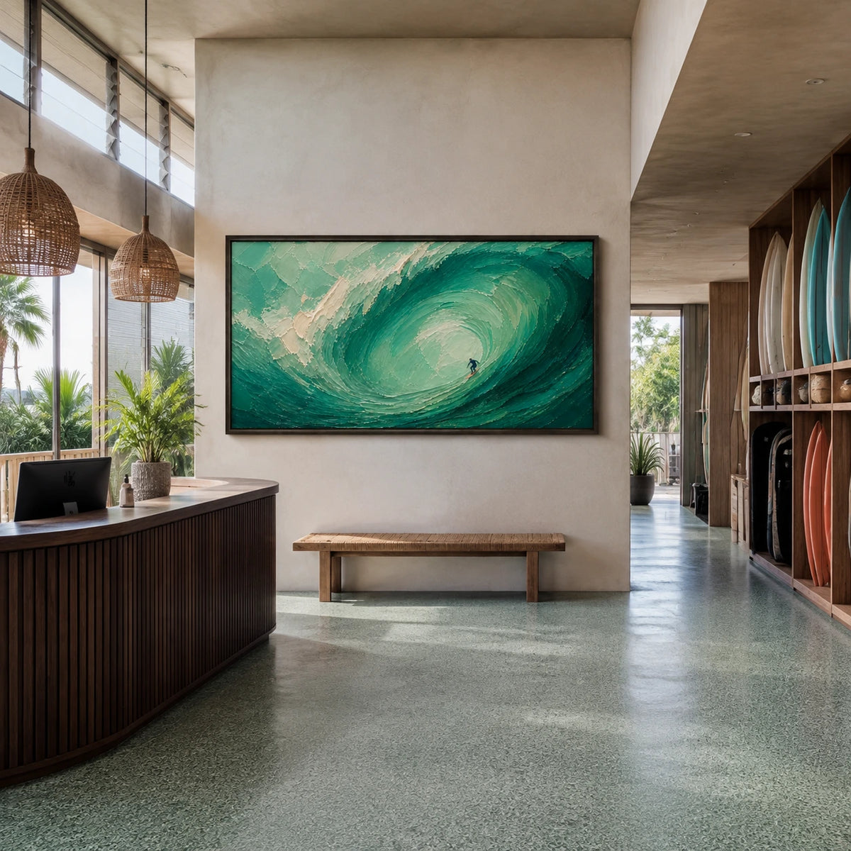 inside the green wave displayed in a surf club reception
