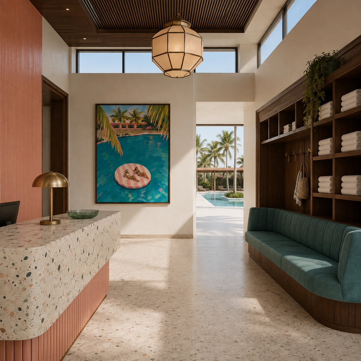pink float in palm water displayed in a pool club reception
