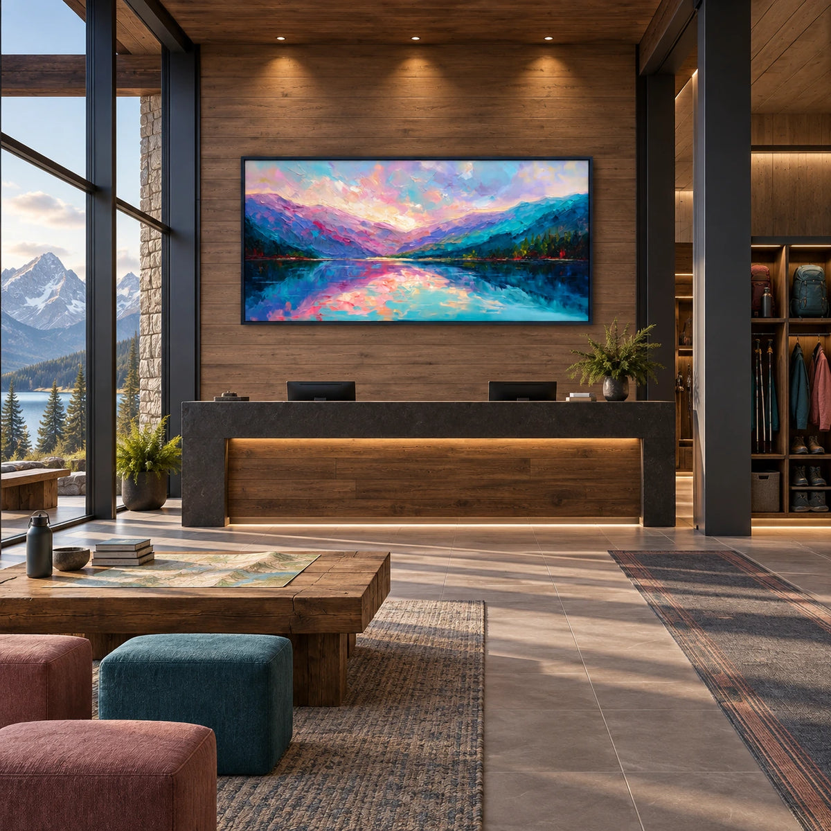 pastel mountain lake displayed in a alpine outdoor club reception