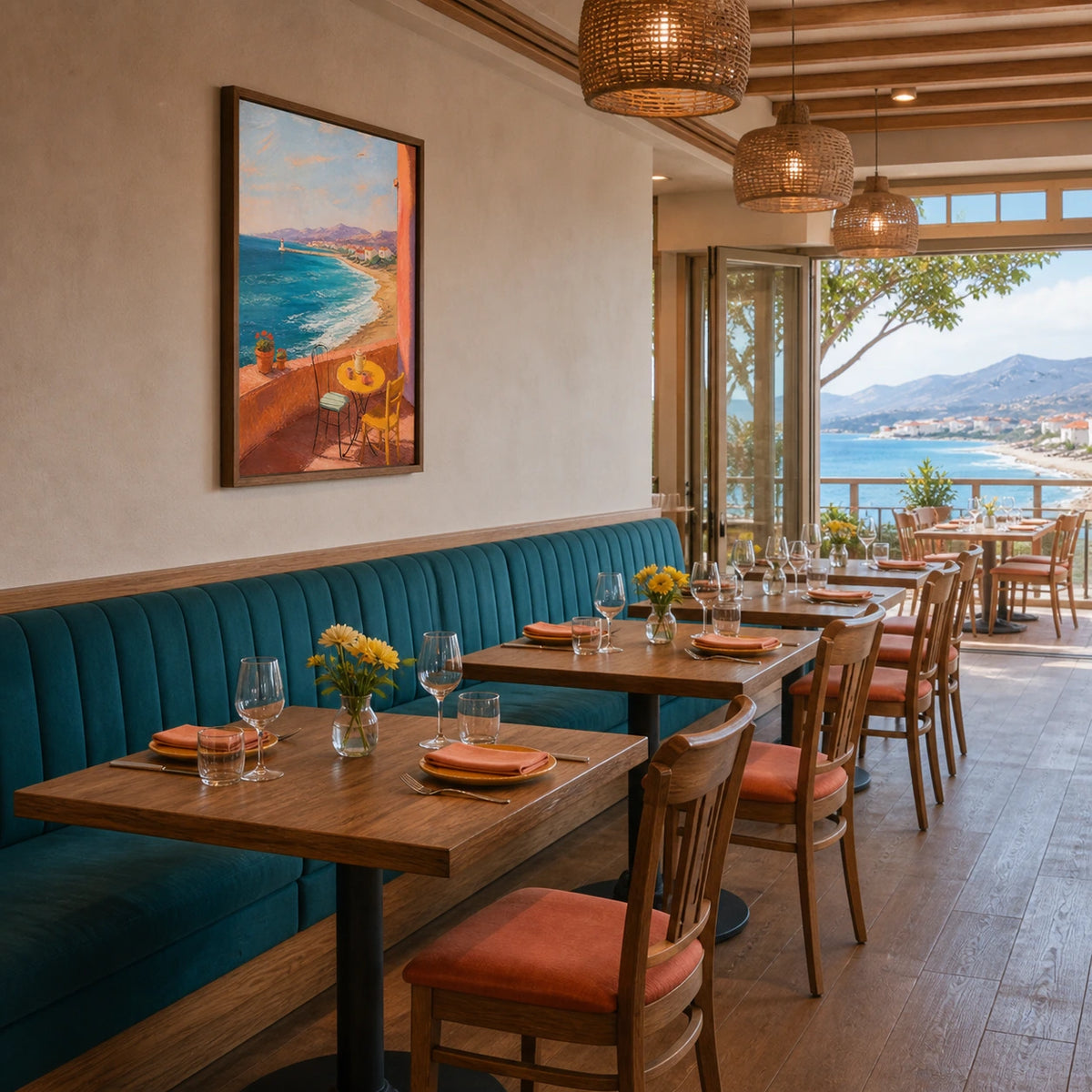 morning by the blue bay displayed in a seaside restaurant