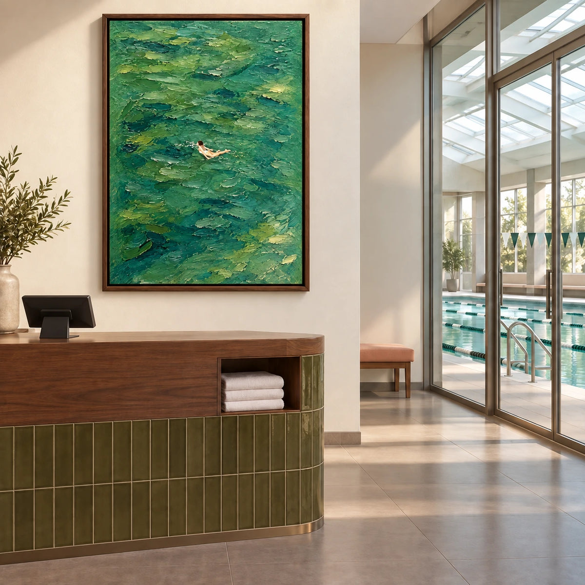 green water swimmer displayed in a swimming club reception