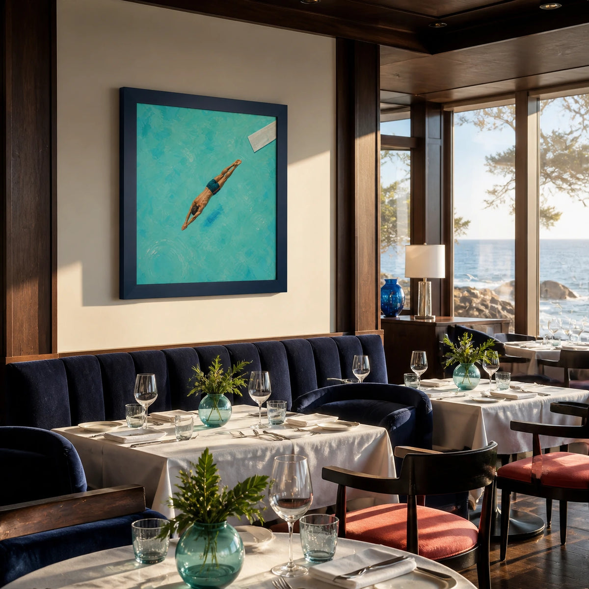 dive into turquoise displayed in a coastal dining