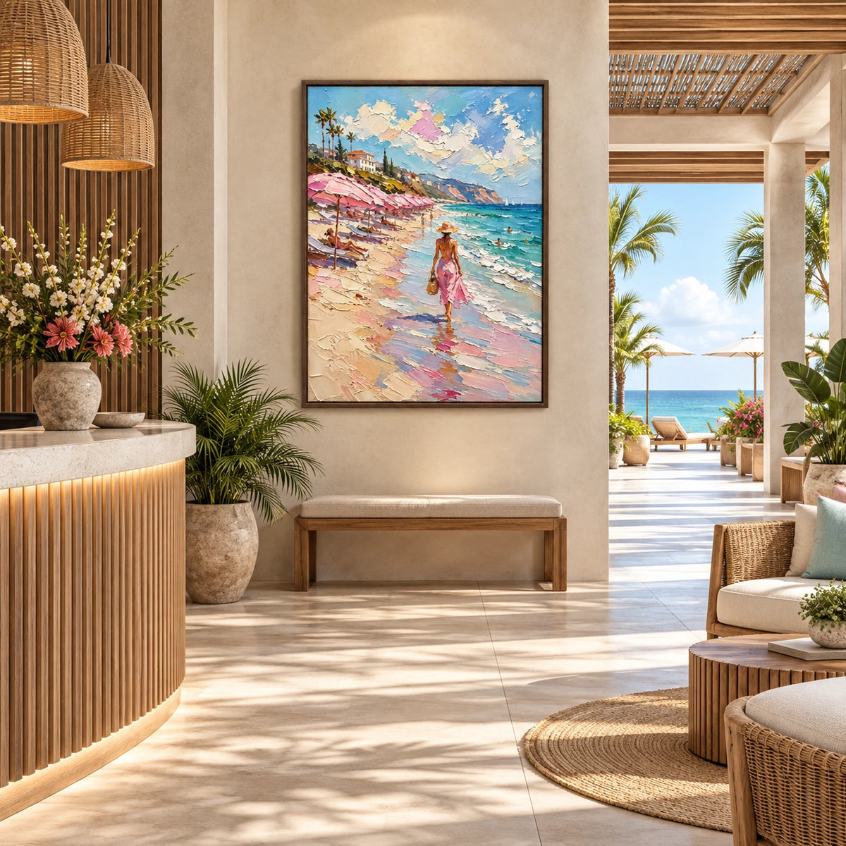 pink umbrellas by the sea displayed in a beach club reception