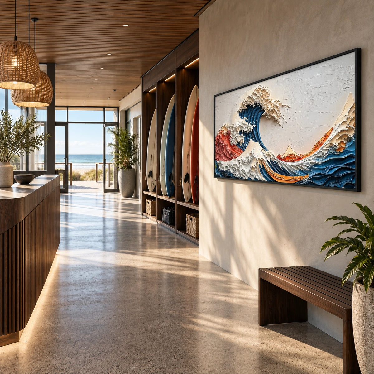 crimson crest displayed in a surf club reception