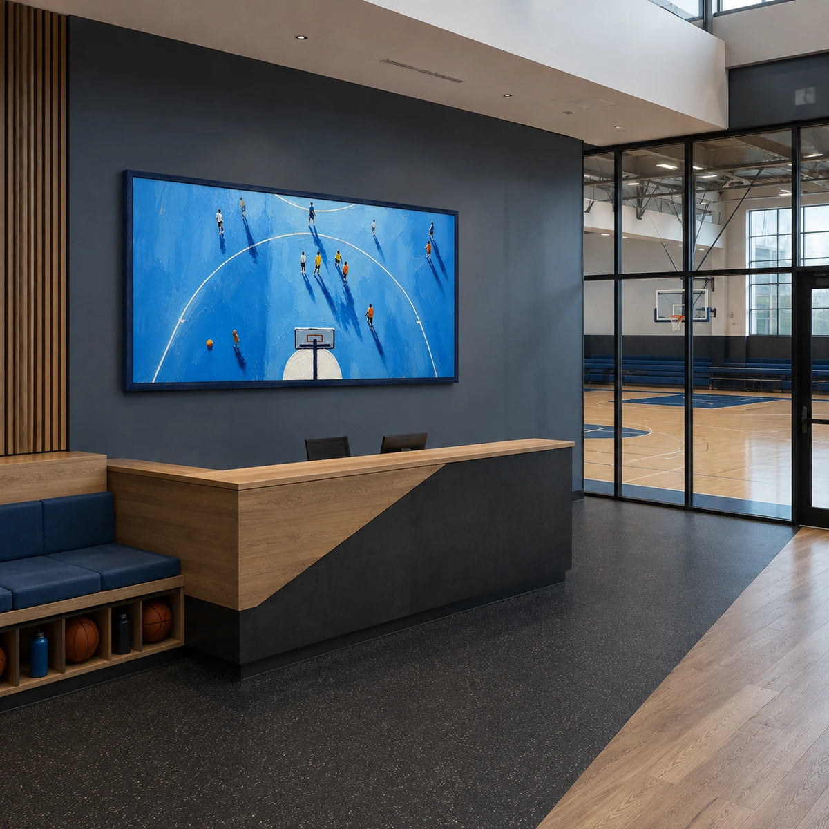 long shadows on blue court displayed in a club lounge
