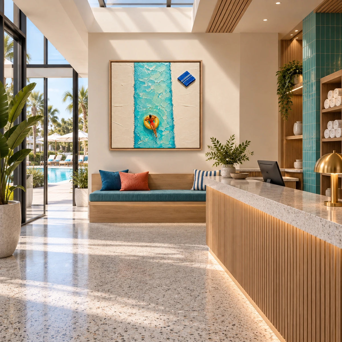 poolside float displayed in a pool club reception