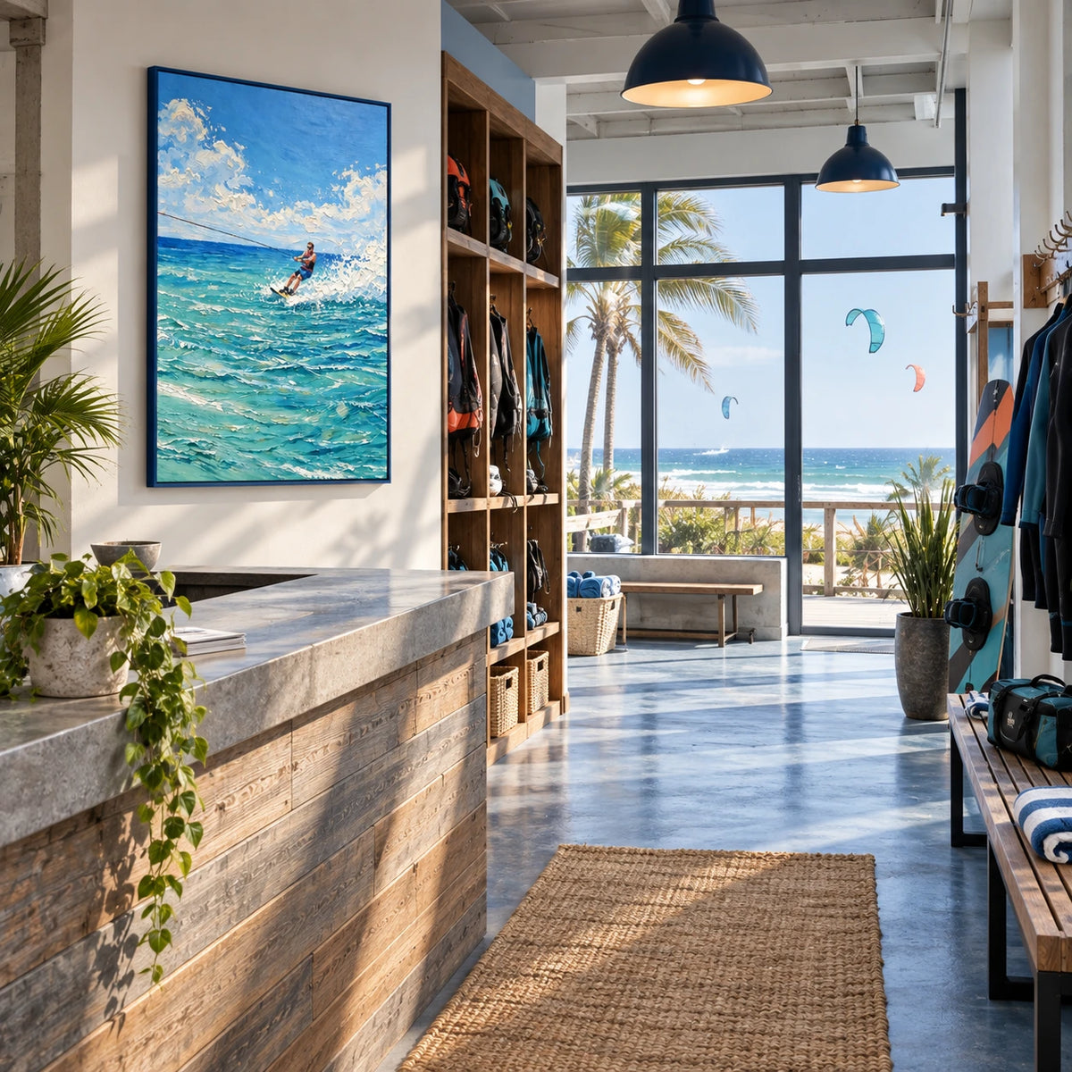 surfing the whitewater displayed in a kitesurf club reception