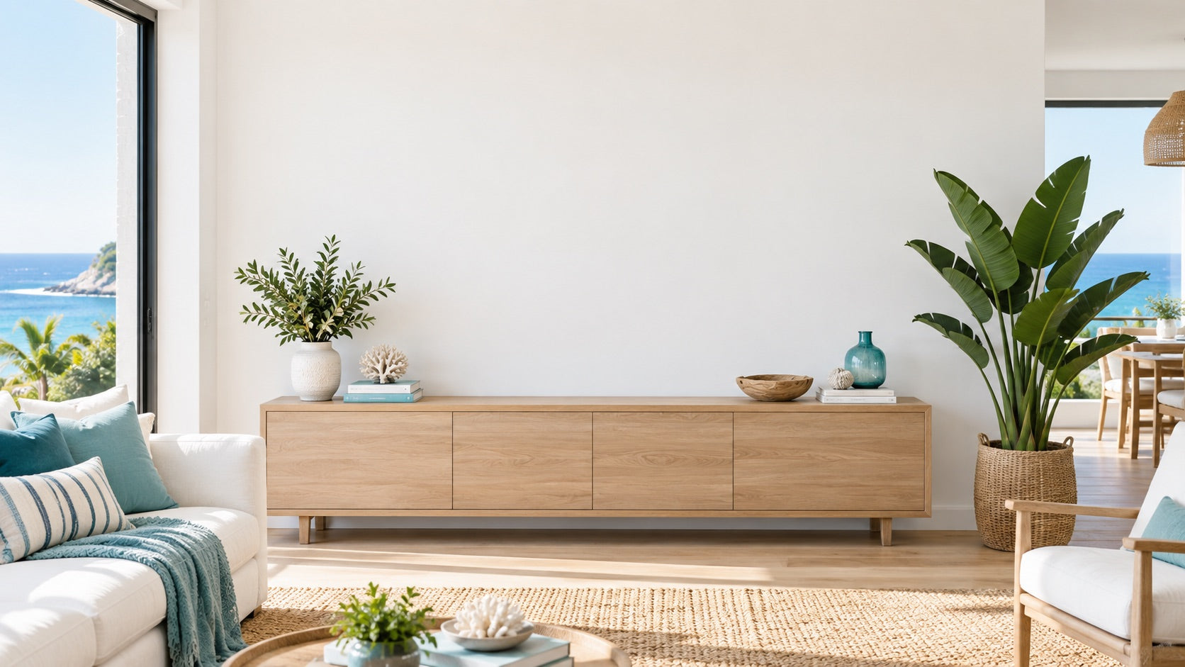 Bright coastal room with a sideboard and clear wall