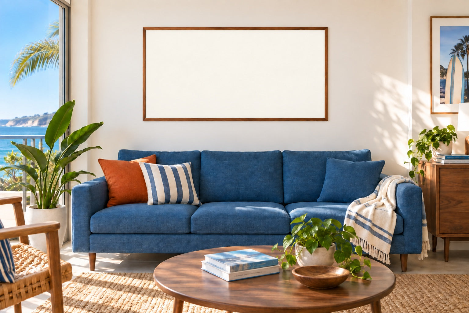 Sunlit coastal living room with a blue sofa and a wide walnut picture frame