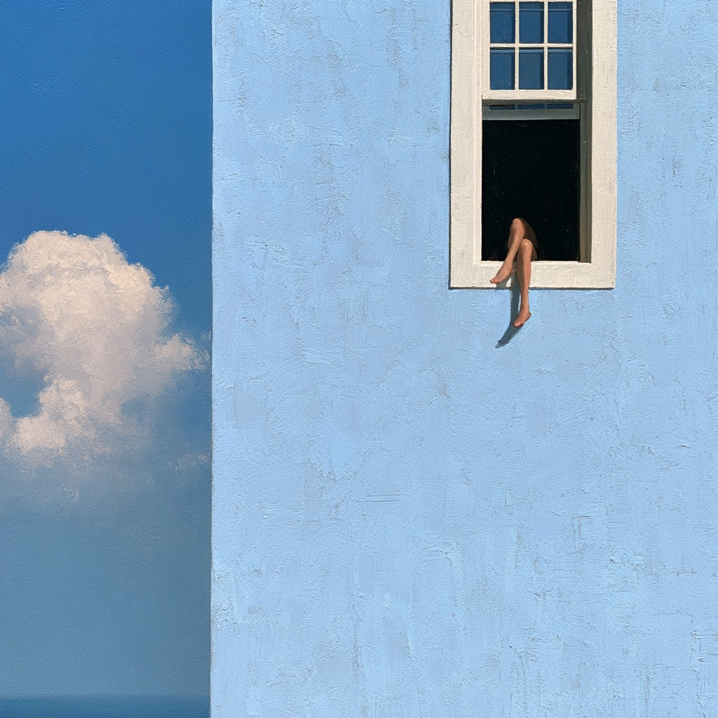 Textured hand-painted artwork with a figure resting by an open window